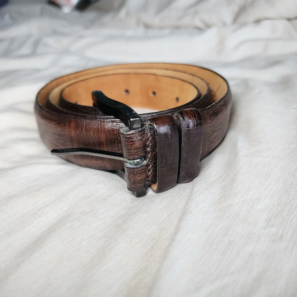 Remo Tulliani Belt Mens 34 Brown Italian Calfskin Embossed Geometric Dress 8552